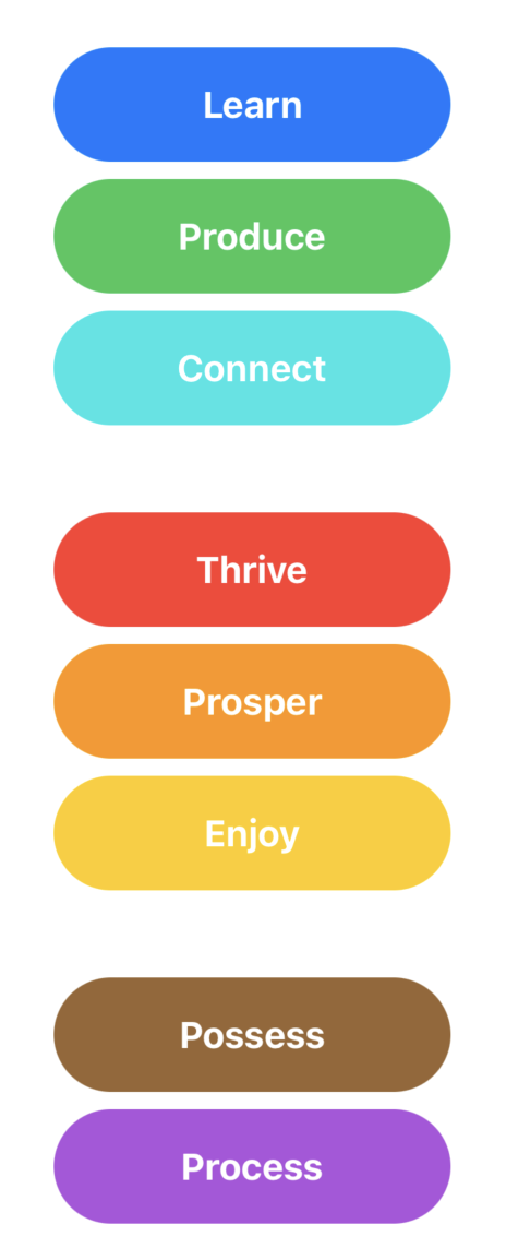 A list of eight things: Learn, Produce, Connect, Thrive, Prosper, Enjoy, Posses, and Process